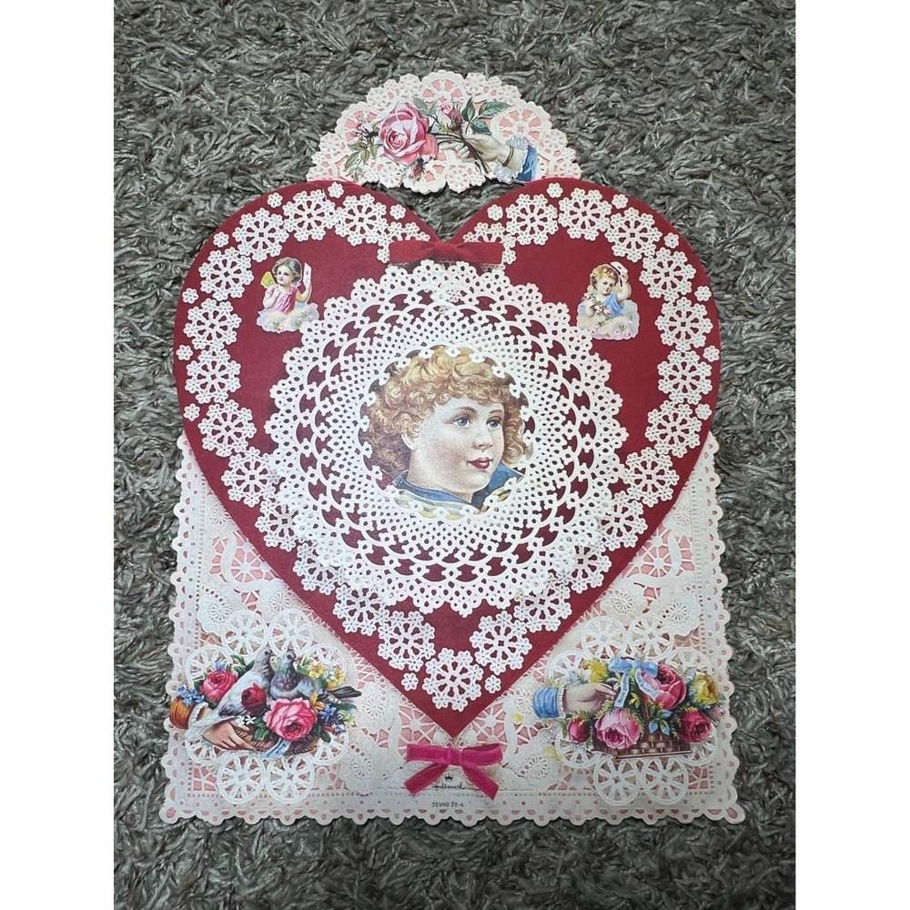 Hallmark Vintage 1976 Heart Valentine Card Die Cut Lace Cherubs Flowers 14"